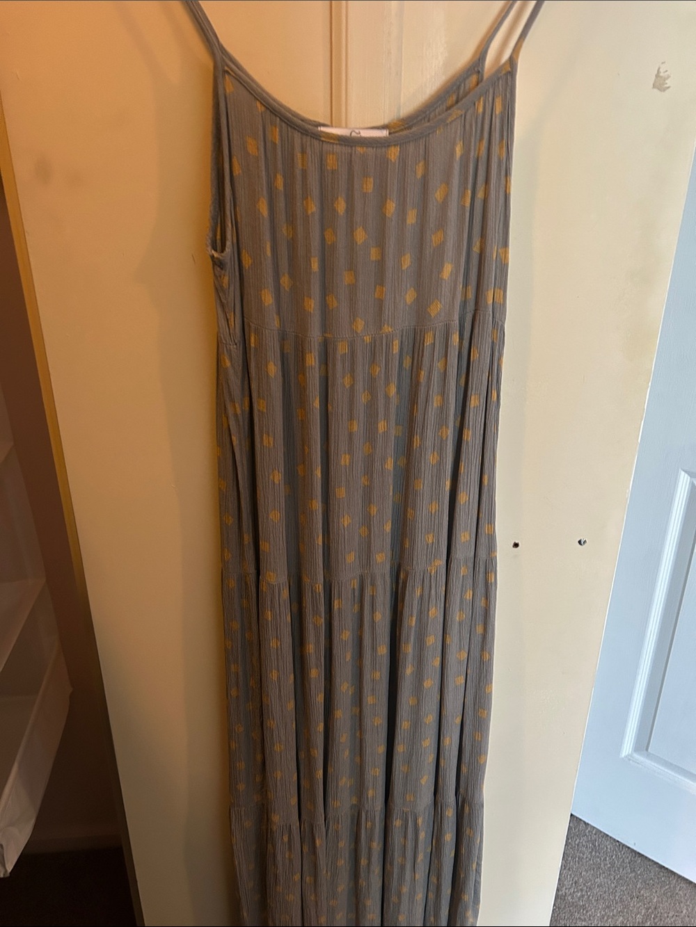 Cathy Jean Gray Maxi Dress with Yellow Dot Print